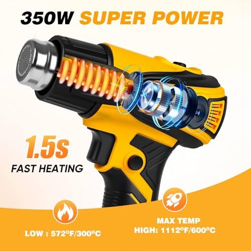 Cordless Heat Gun Compatible with Dewalt 20V Battery, 350W Fast Heating Portable Hot Air Gun with LCD Display, 2-Temp Setting 120-1112℉ 4 Nozzles for Crafts DIY (Tool Only, Not Made by Dewalt)