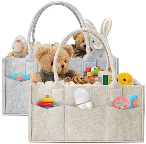 HIPHOP PANDA 2-Pack Diaper Caddy Organizer - Newborn Essentials Baby Registry Must Haves - Sturdy Nursery Storage Bin & Portable Car Caddy for Diapers & Wipes - Grey/Oatmeal Gift Set