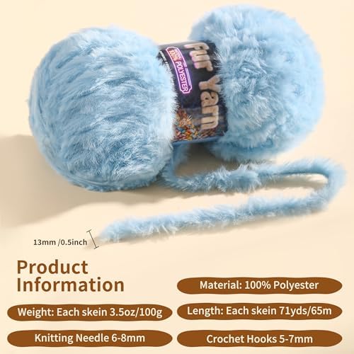 Faux Fur Yarn Soft Fluffy for Crocheting - 2 Skeins(Each 3.5oz/100g, 71yd/65m) - Chunky & Fluffy Yarn for Crochet Amigurumi, Blankets, Hand Knitting, Scarves &Crafts (2, Light Pink)