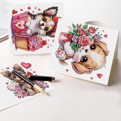 LazyFold 6 Pcs Diamond Art Painting Greeting Cards Kits, DIY Cute Puppy Handmade Festival Greeting Cards with Envelopes Diamond Art Crafts Birthday Cards Creative Valentine's Day Gift