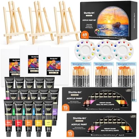 Shuttle Art 69 Pack Painting Kit for Adults and Couples, Sip and Paint for Date Night & Crafts, with 2 Packs 15-Color Acrylic Paint, 3 Wooden Easels, Canvas, Brushes & Palettes