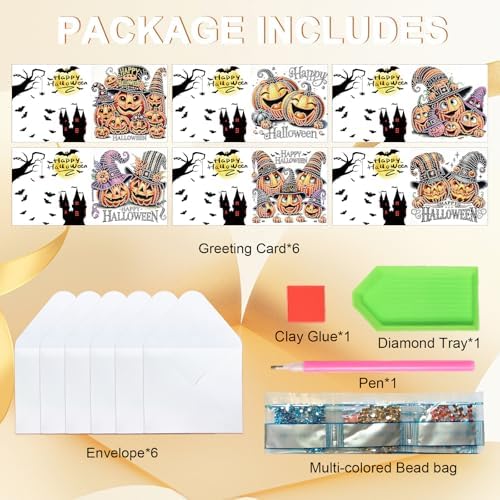 antor 6 Pack Halloween Pumpkin Diamond Painting Card Kits, DIY 5D Rhinestone Halloween Diamond Art Greeting Cards with Envelopes, Handmade Pumpkin Diamond Art Craft Kits for Adults Beginners