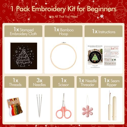 wtisan Christmas Embroidery Kit, Cross Stitch Kits for Beginners, Needlepoint with All Tools & Instructions, Stamped Hand Embroidery Starter Kit for Holiday Crafts & Xmas Home Decor, W16