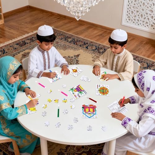 24 Pcs Ramadan Crafts for Kids, Eid Mubarak Arts and Crafts DIY Puzzle with Lanterns, Stars, Masjid, Moon, Castles, Ramadan Eid Activities Painting Kits for Islamic Gifts Party Favors & Goodies Bulk