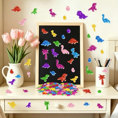 664 PCS Glitter Foam Stickers, Foam Dinosaur Stickers for Crafts, 8 Colors