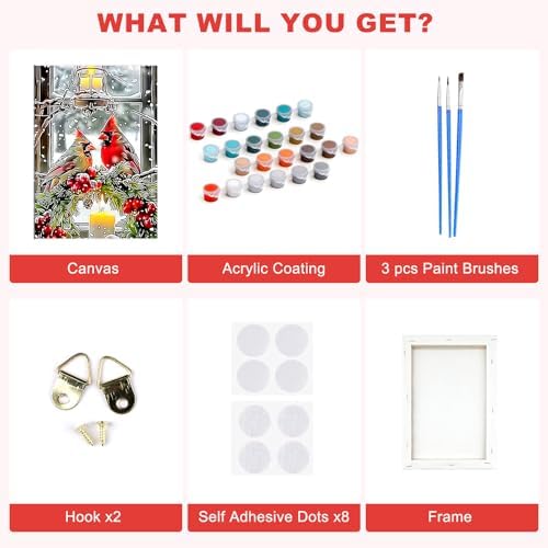 SENQAO Christmas Paint by Numbers for Adults Framed, Cardinal Adults' Paint-by-Number Kits, Adult Paint by Number Kits on Canvas, Acrylic Number Painting for Home Decor, 8x12in