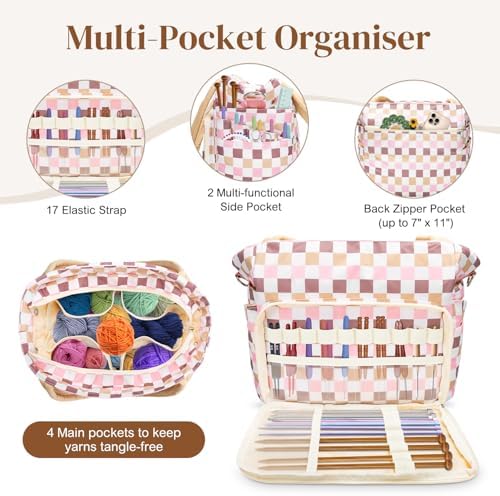 DALINDA Crochet Bag Organizer,Yarn Bag and Tote- Yarn Storage with Multiple Pockets for Crochet Supplies, Knitting Bag for Gifts,Portable & Durable(Beige Pink Plaid)