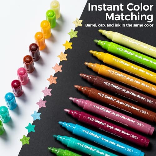 Ohuhu Acrylic Glitter Markers 24 Colors Fine Tip for Painting Coloring