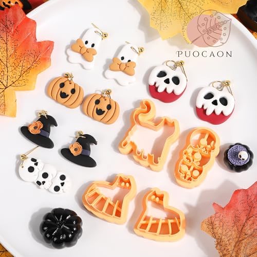 Puocaon Halloween Polymer Clay Cutters - 18 Pcs Halloween Themed Skull Ghost Cat Wizard Witch for Earrings Jewelry Making Clay Earrings Cutters