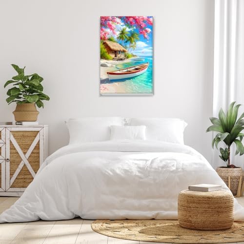 Bowetile Framed Landscape Paint by Numbers Kit for Adults, Adults' Paint-by-Number Kits on Canvas, Painting by Numbers Seaside, Acrylic Boat Number Painting for Home Wall Decor, 8x12in