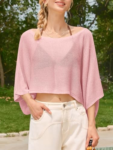 Saodimallsu Womens Crochet Cover Ups Batwing Sleeve Sweater Crop Tops Lightweight Summer Boho Knit Sheer Poncho Top