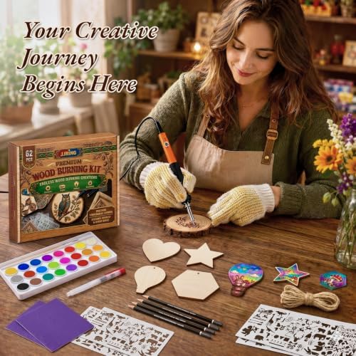 JJRING Wood Burning Kit - 62PCS Professional Wood Burning Tool With Adjustable Temperature Pyrography Pen, 24-Color Paint Set, Wood Slices & Stencils, Complete Wood burner Crafts Kit For Beginners