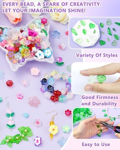 FIVEIZERO Flower Charms, 400Pcs Acrylic Green Leaf Beads for Jewelry Making