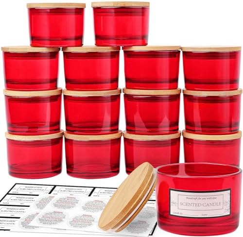 CONNOO 15 Pack 4oz Red Glass Candle Jars with Airtight Bamboo Lids