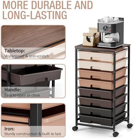 TOOLF Rolling Storage Cart with 8 Drawers,Brown | Utility Cart on Wheels with Wooden Tabletop,Teacher Organization for Classroom, Art Cart for Office,Bedroom,Craft Room
