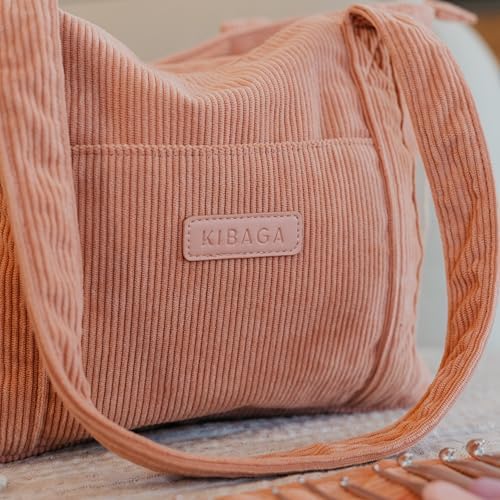 KIBAGA Stylish Yarn Bag for Crochet and Knitting Projects - Corduroy Crochet Organizer with 4 Interior Pockets and Yarn Holes - Perfect for Storing Hooks, Needles and Crafting Accessories