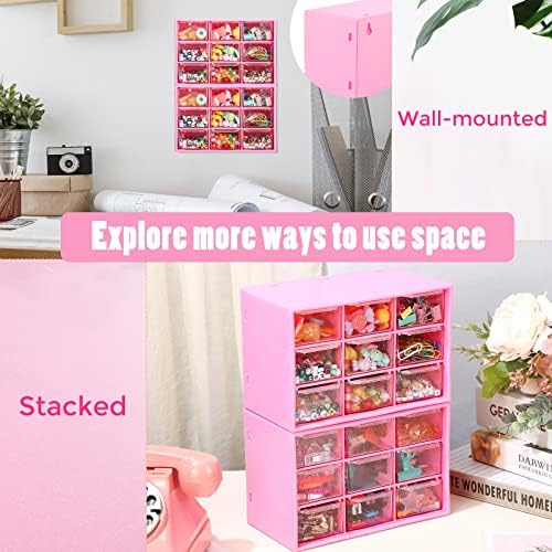Marsui 4 Pack Desktop Storage Organizer with 9 Drawers Craft Organizer with Mini Drawers Plastic Organizers and Storage Containers for Craft Art Jewelry Cosmetics Sewing Supplies Accessory(Rose Pink)