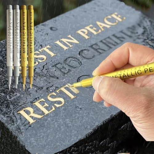 Tombstone Marker Pens Weatherproof Quick-Dry Oil-Based Fine Tip for Restoring Faded Inscriptions on Grave Stones Granite Surfaces，Mixed Loading 4PCs Gold+Silver/Soft nib+Hard pen tip