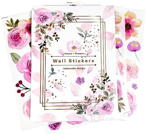 AOWDIAO 60 Pcs Flower Peel and Stick Wall Decals Watercolor Vinyl Peony Floral and Leaves Wall Stickers Pastel Flower Decor for Girls Bedroom Nursery Classroom Living Room