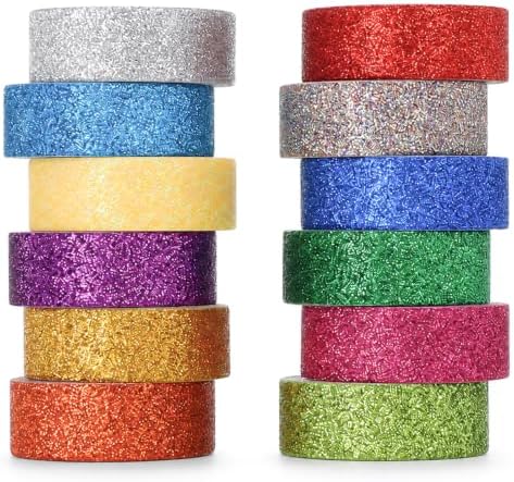 TIESOME 12 Rolls Glitter Washi Tape Set,15mm Macaron Colored Masking Tape,