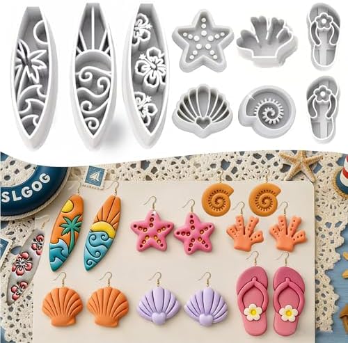 9 Pcs Summer Ocean Polymer Clay Cutters Set - Surfboard, Flip Flop & Sea Themed Clay Cutters for Polymer Clay Jewelry Making, Earring & Craft Supplies
