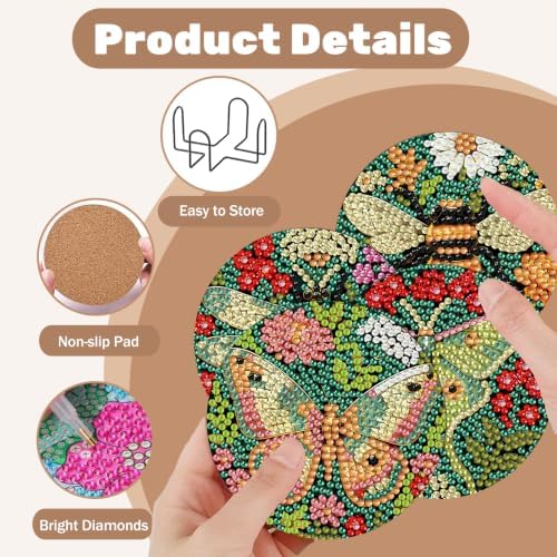 8 Pcs Insect Diamond Art Coasters Kits, Insect Diamond Painting Coasters