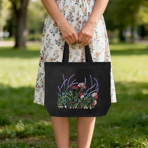 ERKOON Canvas Tote Bag Embroidery Kit for Beginners, Floral Arts Crafts Cross Stitch Kits for Adults Including Stamped Embroidery Bag with Hoops, Needle, Instruction and Color Threads (Lavender)