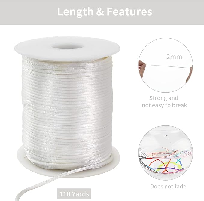 TONIFUL Nylon String Satin Cord for Necklace Bracelet Beading 2mm White | 110yd Non elastic durable non fading, for Jewelry Making Thread Rattail Macrame Trim Kumihimo Chinese Knot Craft Tags Hanging