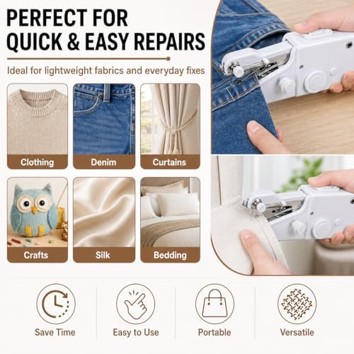 AMYJOY Mini Handheld Sewing Machine for Beginners, Portable Cordless Sewing Machine with Complete Sewing Kit, Battery Operated Stitch Tool for Clothing Repair, DIY Craft, Home & Travel Use – White