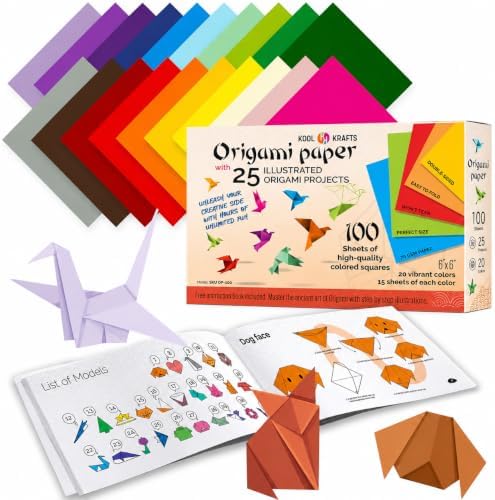 Origami Paper - 100 Origami Paper Kit - Set Includes, 100 Sheets 20 Colors 6x6, Origami Book 25 Easy Colored Projects, Kids Crafts, Christmas Gifts for boys 8-12