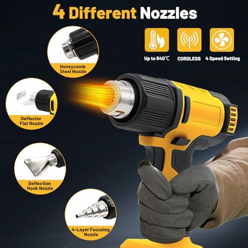 Cordless Heat Gun Compatible with Dewalt Battery, Hot Air Gun Kit with LCD Display and 3 Nozzles, Max 540°C (1004°F), Heat Gun for Shrink Tubing, Crafts, Paint Removal (Tool Only, No Battery)