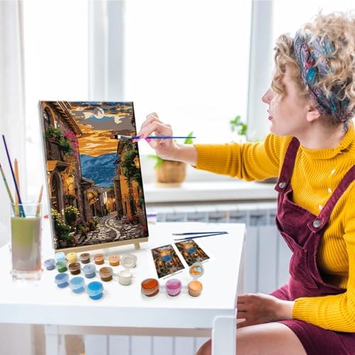 JOOZ Paint by Numbers Kit for Adults Landscape Paint by Number with Frame Town Street Paint by Number with Easel Moon Oil Painting Kits for Gift Home Wall Decor 7.87x11.81 Inch