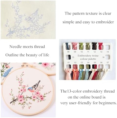 Silentsea Bird & Pink Blossoms Embroidery Kit – All-Inclusive DIY Cross Stitch Set with Pre-Printed Fabric, Threads, Needle, and Hoop for Adults – Perfect for Craft Lovers & Relaxation