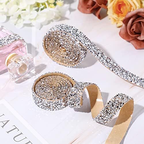 Xinnun 5 Rolls Rhinestone Ribbon Self-Adhesive Crystal Shiny Rhinestone Strips Bling Resin Diamond Ribbon for Graduation Party Decor, DIY Prom Dress,Craft(Silver,0.59 Inch,Basic Style)