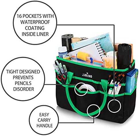 JJRING Large 600D Nylon Artist Organizer Tote Bag With 16 Pockets, Green