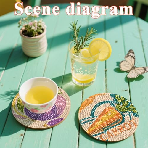 DOTSOPS 6 Pcs Vegetable Diamond Painting Coasters with Holder for Beginners