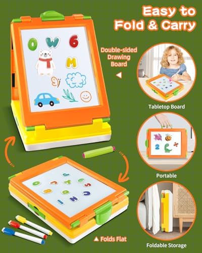 Elovien Easel for Kids, 4 in 1 Double Sided Toddler Art Easel with Chalkboard & Magnetic Whiteboard, Foldable Tabletop Easel with Drawing & Writing Accessories - Educational Gift for Boy Girl (Orange)