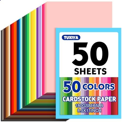 TUXIYA 50 Sheets 8.5" X 11" Colored Cardstock, 50 Colors Card Stock | 50 Assorted Colors Construction Paper Printer Paper for Printing, Card Making, DIY Crafts, School Supplies,Party 180GSM/65LB