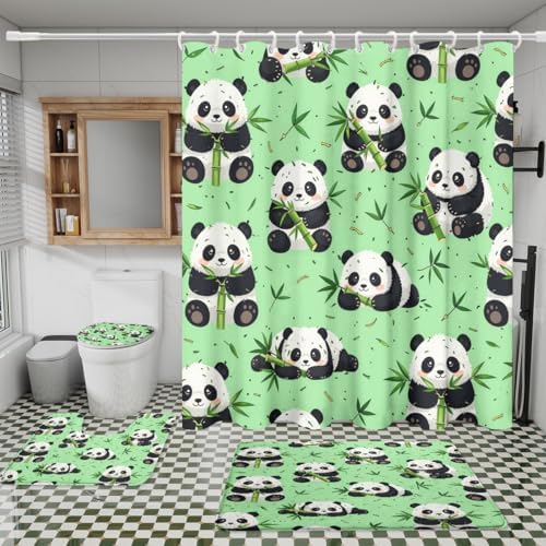 Cartoon Kawii Baby Panda Shower Curtain Sets 4 Piece,Cute Spring Forest Bamboo Trees Bathroom Decor Sets with Rugs,Funny Animal Panda Bears Waterproof Toilet Lid Cover Bath Mat