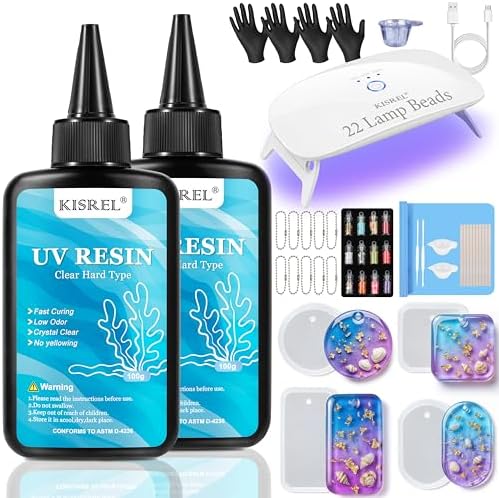 KISREL 200g UV Resin Kit with Light - Big 22 LED Beads Fast Curing Large UV Lamp, Anti-Sticky Crystal Clear Hard Resina Starter Kit for Beginners, Jewelry, Crafts DIY