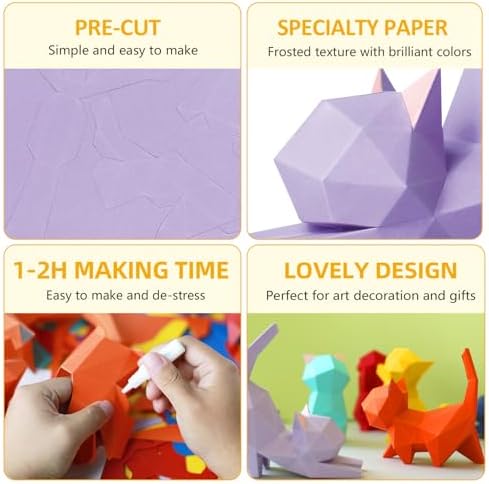 3D Origami Paper Craft Kit, Yoga Kitten Cute DIY Pre-Cut Animal Papercraft Model for Beginners, Fun Handmade Home Decoration Gift for Adults & Teens-Purple