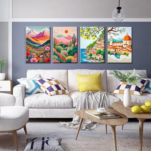 JOOZ 4 Pack Paint by Numbers Kit for Adults with Frame Landscape 8x12 Inch | Paint by Number with Easel, DIY Mountain Adult Paint by Number Kits, Sunset Lake Oil Painting Kits, Home Wall Decor