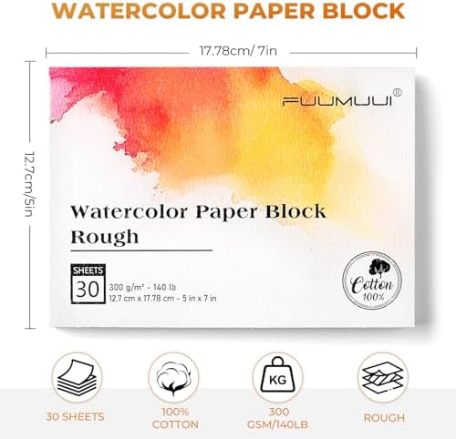 Fuumuui 5×7 Watercolor Paper Block, Textured Rough 100% Cotton Watercolor Paper, 140lb/300gsm, 30 Sheets, Acid-Free, Art Paper for Painting & Drawing, Wet, Mixed Media, Rough Grain