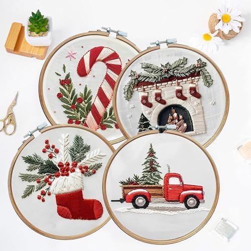 LB Christmas Embroidery Kit for Adults, 4Pc Christmas Embroidery Kits for Beginners with Red Truck, DIY Hand Cross Stitch Kit Holiday Gifts Ornaments Decorations