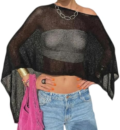 Women Knit Poncho Top Sheer Crochet Shawl Cover Up