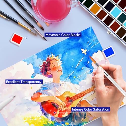 52 Colors Watercolor Paint Set for Adults, Vibrant Travel Water Colors Kit with Metallic Shades, Includes Brush, Pencil, Sponge, 5 Watercolor Papers & Black Pen, Portable Blue Case