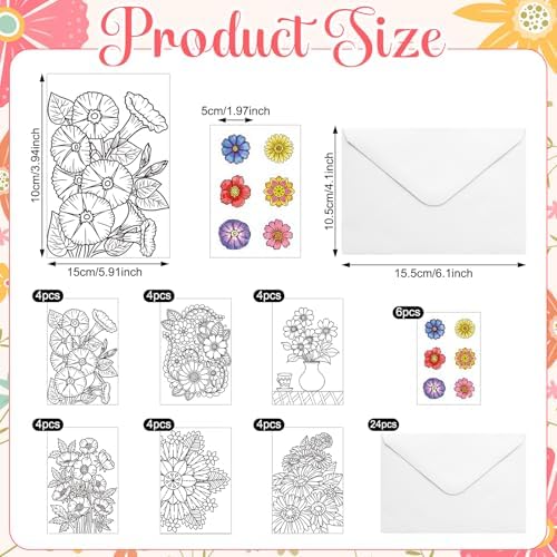 Gueevin 24 Pcs Flowers Coloring Greeting Cards with Envelopes, 4x6