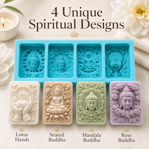 Buddha Lotus Silicone Soap Mold 4 Cavity, Mandala Flower Relief Mold for Handmade Soap, Candle Making & Aromatherapy Crafts, Reusable DIY Mold for Wax, Resin, Plaster, Chocolate and Decorative Gifts