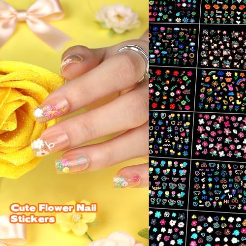 Teenitor 50 Sheets Nail Stickers for Kids, 3D Cute Girls Nail Art Stickers, Heart Flower Butterfly Bow Nail Decals for Nail Art, Fingernail Stickers for Women, Self Adhesive Nail Decorations in Summer
