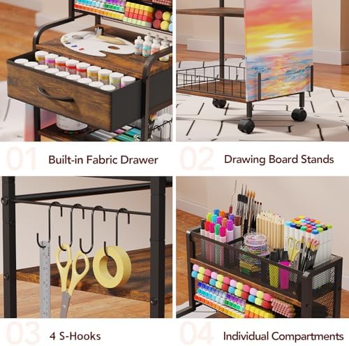 Homsorout Art cart, 3 Tier Rolling Cart - Utility Cart with Storage Drawer and Wheels, Versatile Art & Craft Organizer for Home, Office, or Studio Ideal for Storing Brushes, Paints （Brown）